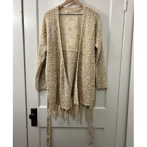 Ryu Women's Tan White Popcorn Long Open Cardigan With Tie Size S / M
